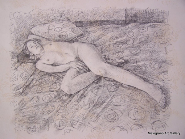 Opera di Didier Goguilly, pittura figurativa contemporanea, tema sonno e illusione, luce e colore dialogano con silenzio e assenza