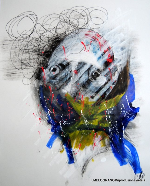 Opera di Lemmy Gonthier, volto umano deformato e sguardo intenso, pittura figurativa espressiva contemporanea