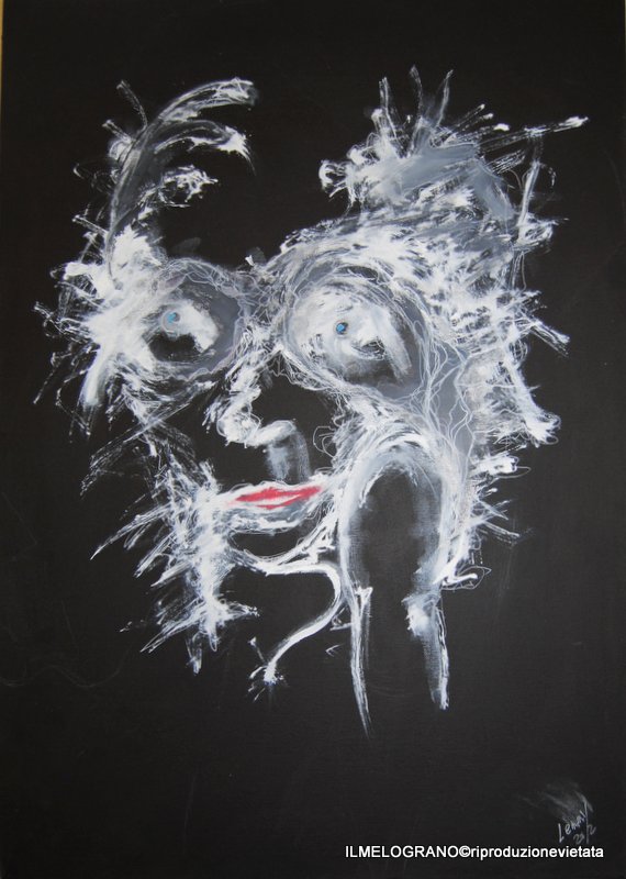 Opera di Lemmy Gonthier, volto umano deformato e sguardo intenso, pittura figurativa espressiva contemporanea