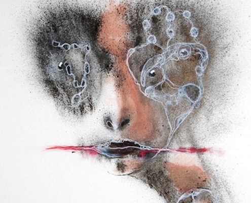 Opera di Lemmy Gonthier, volto umano deformato e sguardo intenso, pittura figurativa espressiva contemporanea