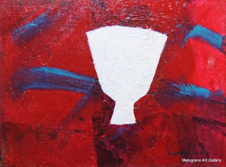 Forma bianca a calice su fondo rosso con vibrazioni blu‑violacee, opera della serie “Ombre bianche” di Paolo Fidanzi.