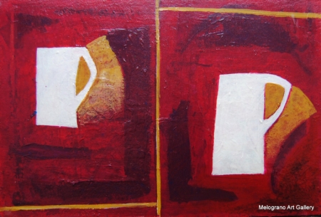 Due tazze bianche con manico giallo, divise da linea verticale su fondo rosso stratificato, serie “Ombre bianche” di Paolo Fidanzi.