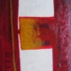 Forma bianca verticale con rettangolo cromatico interno su fondo rosso stratificato, opera della serie “Ombre bianche” di Paolo Fidanzi.