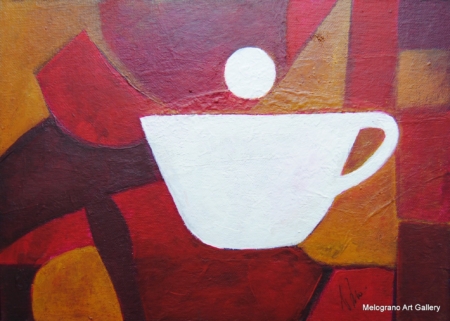 Tazza bianca stilizzata con punto sospeso su fondo rosso‑ocra stratificato, serie “Ombre bianche” di Paolo Fidanzi.