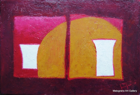 Due forme bianche trapezoidali su doppio campo cromatico rosso e giallo, divisi da linea verticale, serie “Ombre bianche” di Paolo Fidanzi.