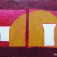 Due forme bianche trapezoidali su doppio campo cromatico rosso e giallo, divisi da linea verticale, serie “Ombre bianche” di Paolo Fidanzi.