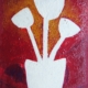 Silhouette bianca a forma di pianta con tre elementi su fondo rosso‑arancio stratificato, opera della serie “Ombre bianche” di Paolo Fidanzi.
