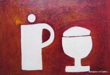 Figura bianca stilizzata accanto a calice bianco su fondo rosso‑bruno stratificato, serie “Ombre bianche” di Paolo Fidanzi.