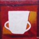 Tazza bianca a doppio manico su fondo rosso‑arancio con linee scure geometriche, serie “Ombre bianche” di Paolo Fidanzi.