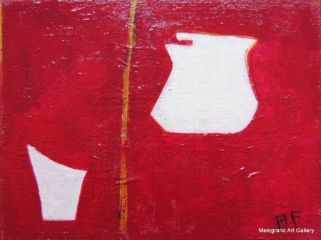 Due forme bianche divise da linea verticale gialla su fondo rosso stratificato, opera della serie “Ombre bianche” di Paolo Fidanzi.