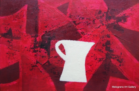 Brocca bianca stilizzata su fondo rosso stratificato con geometrie scure, serie “Ombre bianche” di Paolo Fidanzi.
