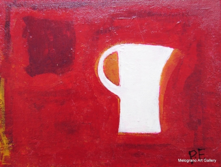 Forma bianca a tazza su fondo rosso stratificato con vibrazioni arancio‑gialle, opera della serie “Ombre bianche” di Paolo Fidanzi.