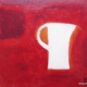 Forma bianca a tazza su fondo rosso stratificato con vibrazioni arancio‑gialle, opera della serie “Ombre bianche” di Paolo Fidanzi.