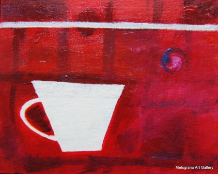 Tazza bianca stilizzata su fondo rosso stratificato con segni circolari, opera della serie “Ombre bianche” di Paolo Fidanzi.