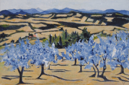 Paesaggio con ulivi blu in fiore, bosco verde e colline dorate, dipinto da Paolo Fidanzi.