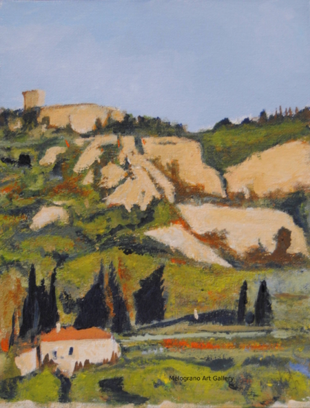 Paesaggio con casa bianca, colline dorate e torre sulla sommità, dipinto da Paolo Fidanzi.