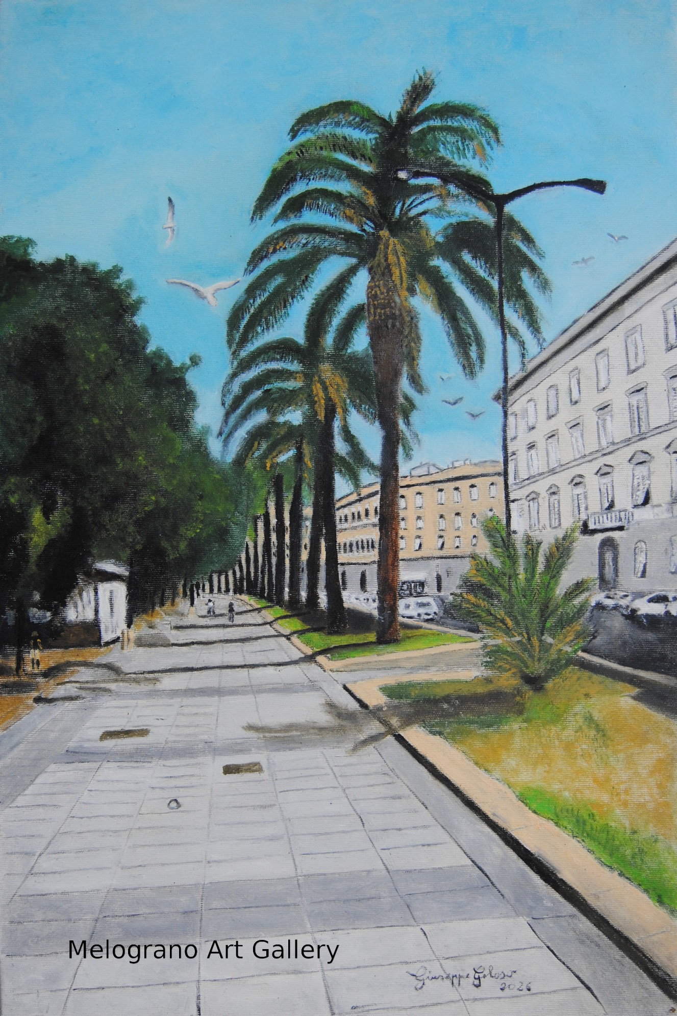 Quadro a olio di Giuseppe Geloso raffigurante Il VIale Italia sul lungomare di Livorno