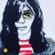 Ritratto pop stilizzato di Joey Ramone con occhiali tondi gialli e giacca nera in stile grafico contemporaneo. Tela dipinta da Cinzia Del Bubba Livorno