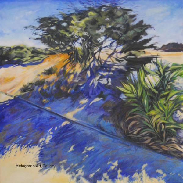Quadro paesaggio marino con dune e ombre blu di Michela Masini, dipinto contemporaneo macchia mediterranea