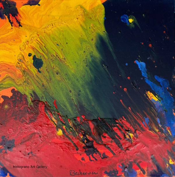 Dipinto astratto di Roberto Becherucci intitolato Boom 3, caratterizzato da un flusso diagonale di colore giallo, verde e arancione che incontra una base rossa e uno sfondo nero con spruzzi blu.