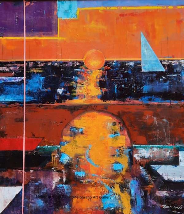 Dipinto astratto geometrico di Roberto Becherucci raffigurante il porto di Livorno al tramonto con un sole arancione, una barca a vela azzurra e intensi riflessi di luce nei toni del giallo, nero e viola.
