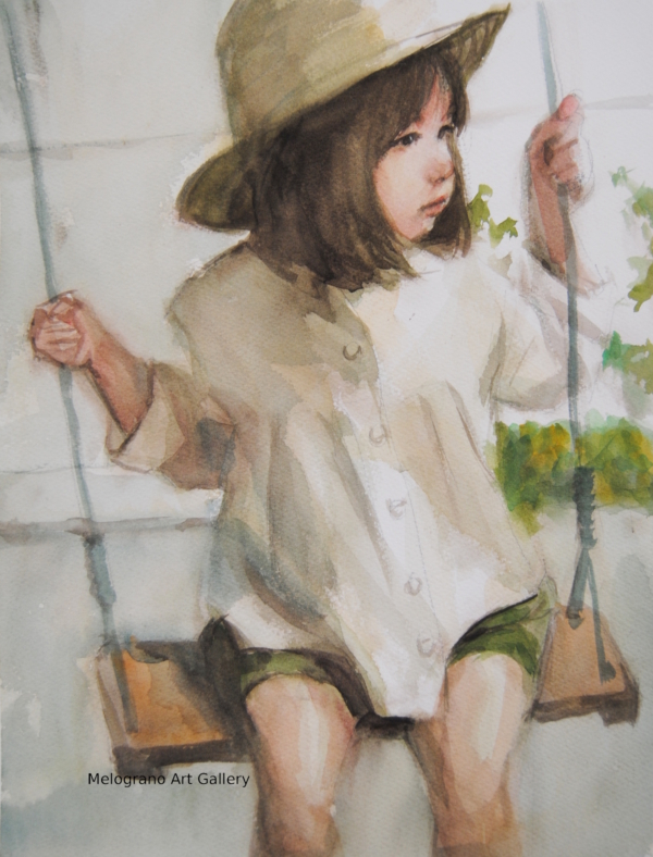 Ritratto di bambina ad acquerello su un'altalena con cappello di paglia di Taichi Ichikawa, Melograno Art Gallery.