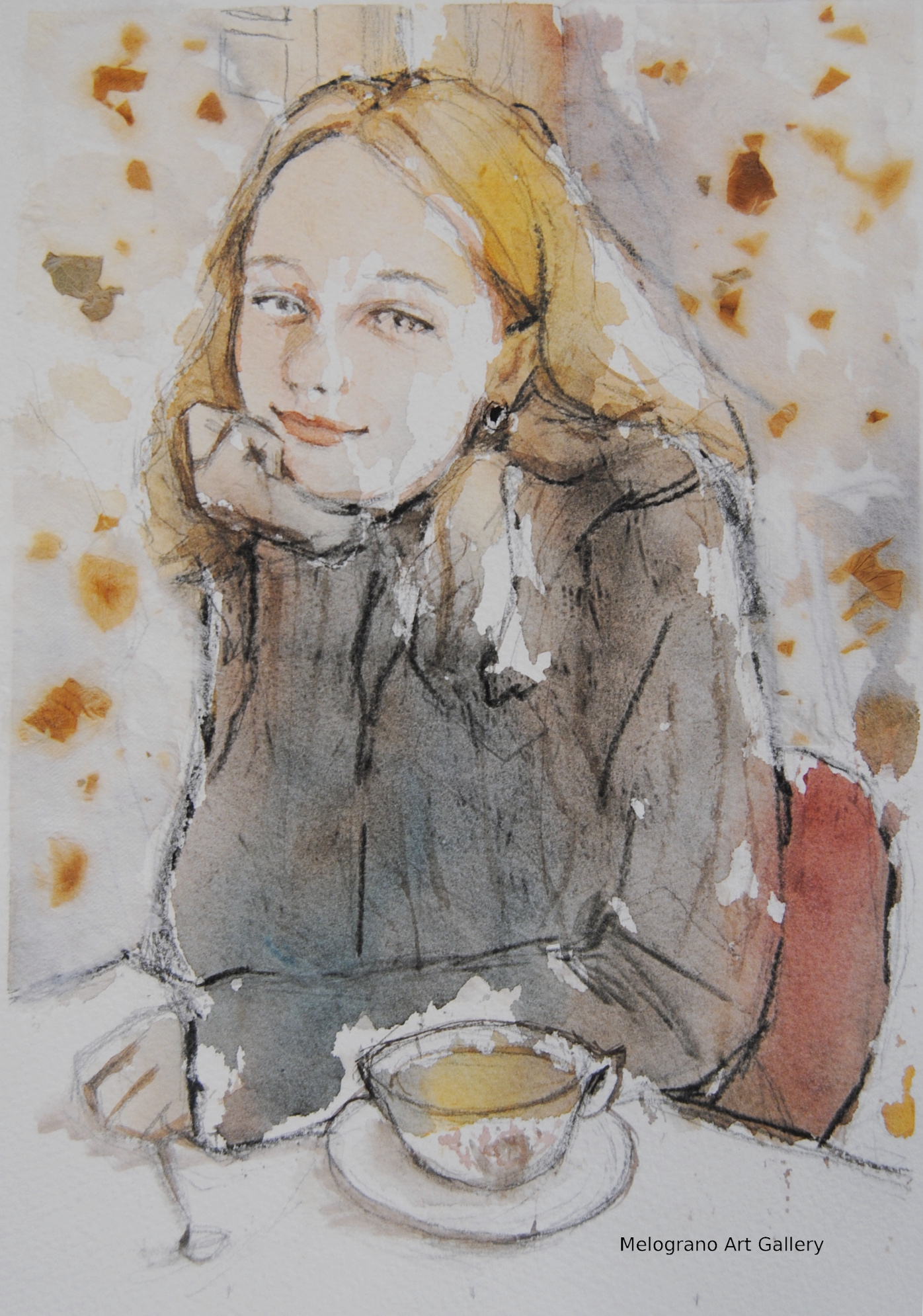 Ritratto femminile ad acquerello di una donna bionda al tavolo di un caffè con tazza da tè di Taichi Ichikawa, Melograno Art Gallery.